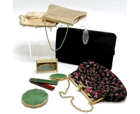 Stratton 4 piece green detail compact set T/W 4 x vintage evening bags inc gold lamé (black bag a/f) 