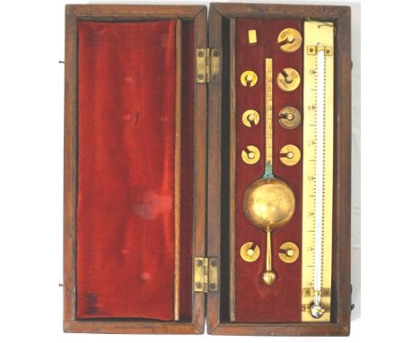 VICTORIAN SIKES PATTERN HYDROMETER
Manufactured by Buss of Hatton Garden.  Containing: Brass Bulb; Set of 9 graduated weights
