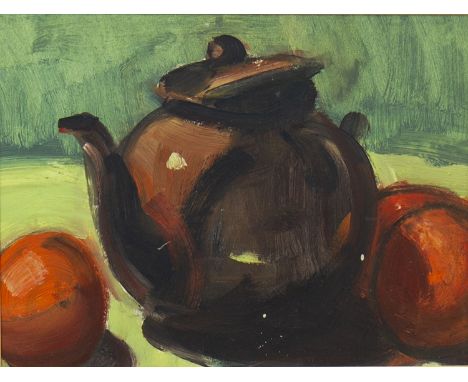 * DES GORMAN (SCOTTISH b 1960), TEAPOT AND FRUIT oil on board 20 x 26.5cm Mounted framed and under glass