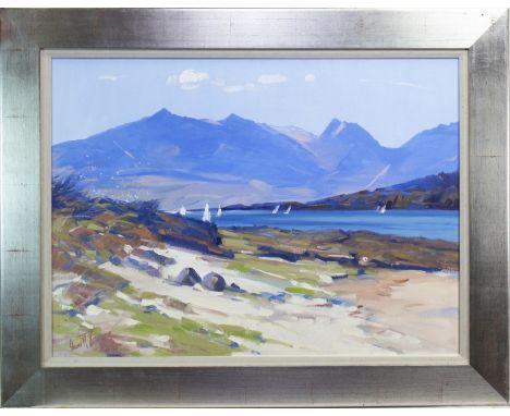 * HELEN M TURNER (SCOTTISH b 1937), BLUE CRAGS OF ARRAN oil on canvas, signed 70cm x 96cm Framed and under glass Labels verso