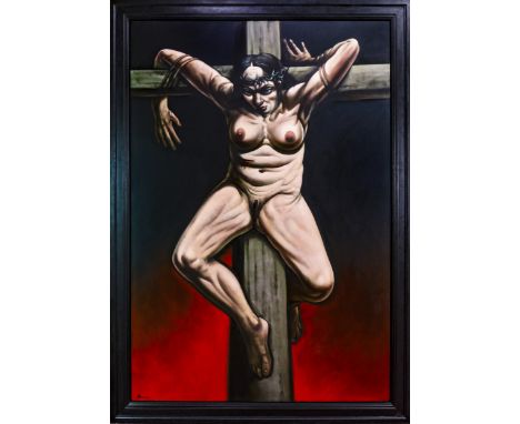 * PETER HOWSON OBE (SCOTTISH b 1958), THE CRUCIFIXION oil on canvas, signed 182.9cm x 121.9cm (72 x 48 inches) Framed. Proven