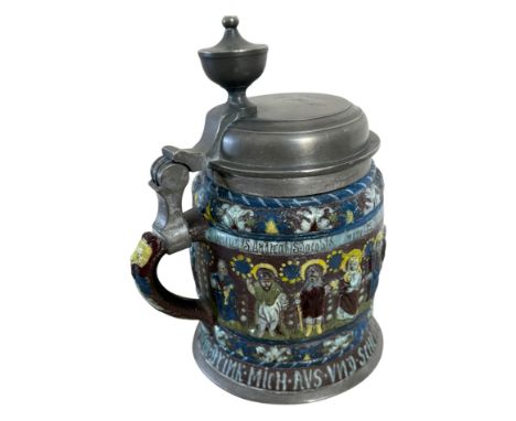 Creussen Humpen mit Zinnmontur, Apostelkrug 17. Jhd., mit Heiligendarstellung, Steinzeug braun mit Emailfarben staffiert, H 1