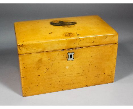 A Victorian Mauchline ware tea caddy with "Ford Castle", one of the old towers with Flodden Field in the distance, and "A&R R