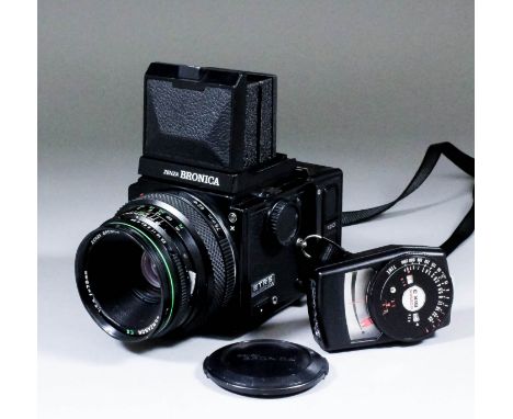 A Zenza Bronica ETRS single lens reflex camera, body No. 8180467, with EII 75mm F2.8 lens, two spools and Gossen Bix 3 light 