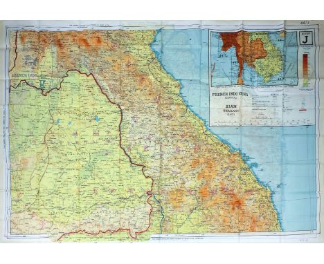 Ten World War Two military double sided silk maps, sheets J-French Indochina (Central) and Siam (Thailand - East), and sheets