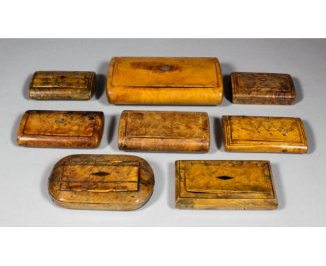 A Victorian burr yew rectangular table snuff box inlaid with silvery metal, oval initialled plaque to lid and tortoiseshell l