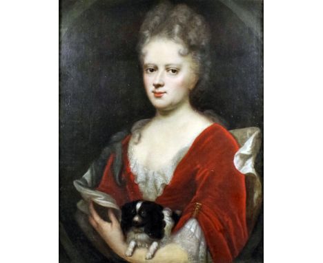 18th/19th Century English school - Oil painting - Half-length portrait of a woman wearing a red shawl and holding a spaniel i