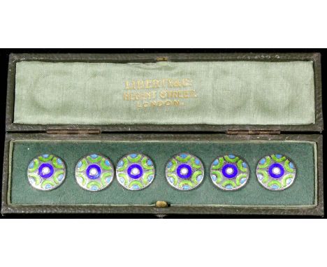 A set of six early 20th Century "silver" and enamel buttons, 25mm diameter, by Liberty & Co (all stamped "SILVER"), contained