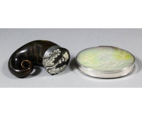 A Victorian silvery metal mounted horn snuff mull, the lid applied with thistle and shield-shape plaque engraved with initial