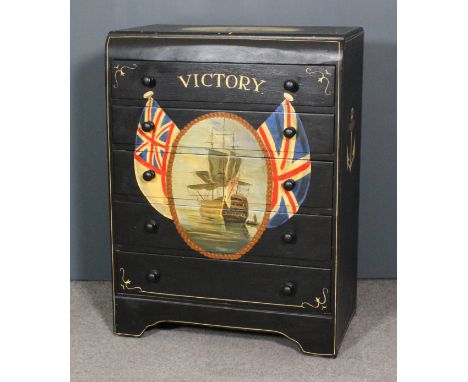 A modern painted pine chest in the "Victorian" manner, painted with sailing vessels - "Condor" and "Victory", on a dark green