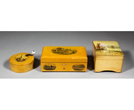 A Victorian Mauchline ware two air musical box with 2.5ins single piece comb, contained in sycamore case with printed image o