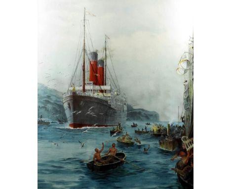After William Lionel Wyllie (1851-1931) - Coloured lithograph - "Union Castle Line" - Ship arriving in port with numerous fig