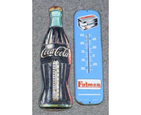 An American printed and embossed metal "Coca Cola" advertising thermometer, 30ins x 8.25ins, inset with alcohol thermometer, 