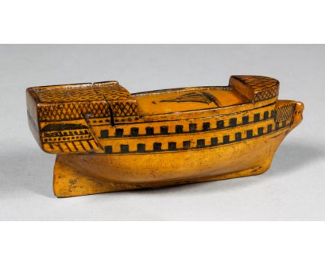 An early 19th Century Napoleonic Prisoner of War Treen ware and penwork snuff box in the form of a prison ship with wherry to