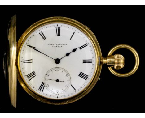 A George V 18ct gold half hunting cased keyless lever pocket watch by John Bennett, 65 & 64 Cheapside, London, No. 15500, the