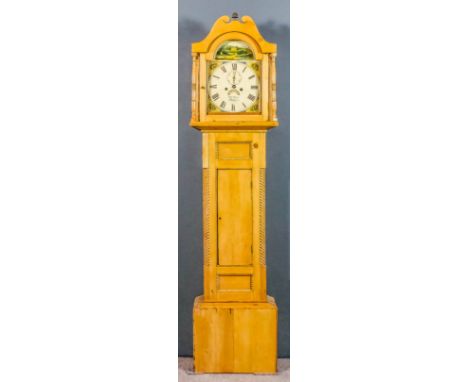 A 19th Century stripped pine longcase clock by Charles Levy of Truro, the 12ins arched painted dial with subsidiary seconds d