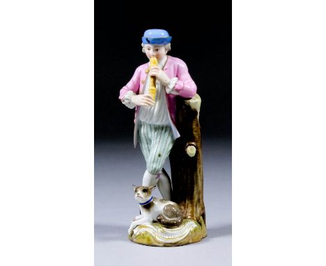 A 19th Century Meissen porcelain figure of a standing man in 18th Century dress playing a recorder, with a dog at his feet, 6
