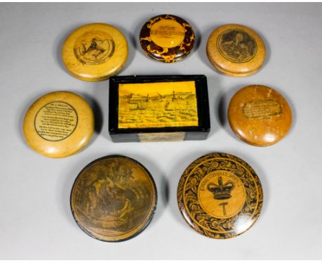A Victorian Treen ware and penwork circular snuff box, the lid with crown above hammer and with motto "Finis Coronat Opus" wi