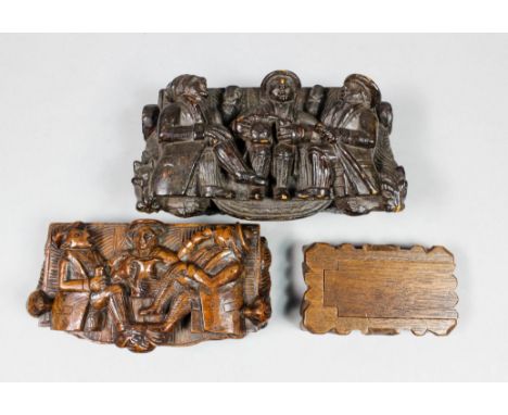 A Victorian Treen "Blind Man" table snuff box carved in high relief, depicting Tam O'Shanter and Souter Johnnie drinking, sid