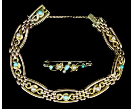 A late Victorian 9ct gold seed pearl and turquoise set bracelet, the eight oval panels alternately set with sapphire and pear