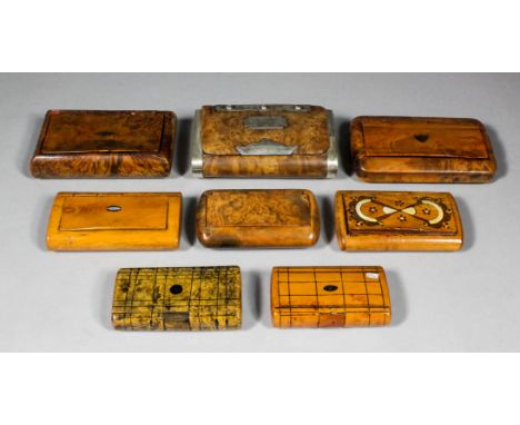 A Victorian burrwood and silvery metal mounted rectangular snuff box with plaque to lid engraved with initials "K.F", with to