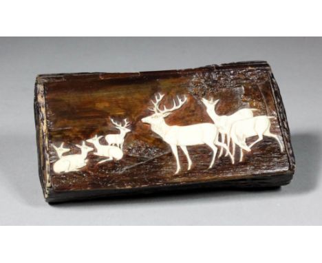 A 19th Century Antler horn rectangular snuff box, the lid applied with ivory figures of deer, 5.125ins x 3ins x 1.25ins high