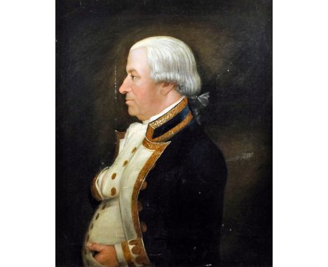 Late 18th Century British school - Oil painting - Half-length portrait of a Merchant Naval Officer, his right arm resting wit