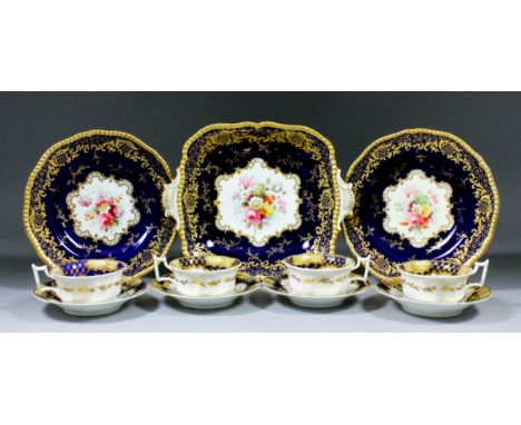 A late 19th/early 20th Century Coalport bone china part dessert service retailed by Mortlocks Ltd, the centres painted with f
