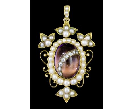 A late Victorian gold coloured metal mounted amethyst and diamond set pendant the cabochon cut amethyst, 20mm x 40mm overall,