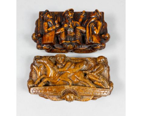 A Victorian Treen rectangular carved "Blind Man" table snuff box carved in high relief and depicting Tam O'Shanter and Souter