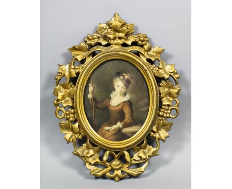 18th/19th Century English school - Watercolour - Three quarter length portrait of a young woman wearing a feather trimmed hat