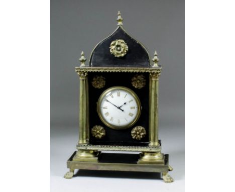 A 19th Century ebonised and brass mounted Sedan clock case, now inset with French timepiece movement, the 4ins diameter white