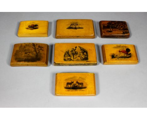 A Victorian Treen ware and penwork rectangular snuff box, the lid with a panel of two donkeys - "When Shall We Three Meet Aga
