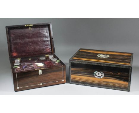 A Victorian coromandel wood rectangular writing box inlaid with mother-of-pearl, 14ins x 9.5ins x 6ins high, and a Victorian 