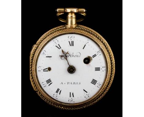 A late 18th/early 19th Century French two coloured gold coloured metal cased open faced pocket watch by Berthound of Paris, t