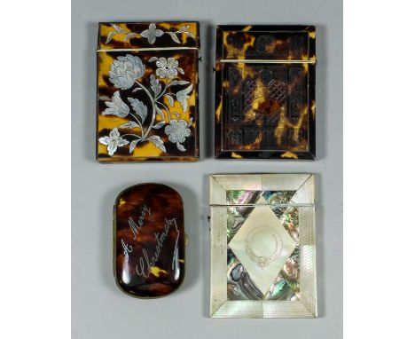 A mid-19th Century tortoiseshell and mother-of-pearl inlaid rectangular card case with floral ornament, 4.125ins x 3ins, a mi