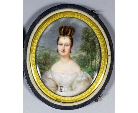 J. Lecourt (fl. 1804-1831) - Miniature half-length portrait - Young lady wearing white silk dress, her hair elaborately dress