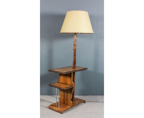 A walnut parquetry and stained wood standard lamp/two-tier rectangular occasional table with turned column to lamp, the tops 