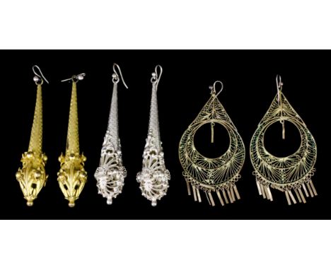 A pair of late Georgian gilt metal pendant drop earrings (for pierced ears), the engine turned tapering circular panels with 
