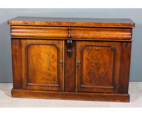 A late Victorian mahogany chiffonier with square edge to top, fitted two frieze drawers with cushion fronts, cupboard under e