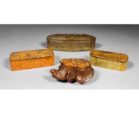 A 19th Century pressed burrwood rectangular snuff box, the lid with an Alpine scene of cottage, fir tree and cattle and mount
