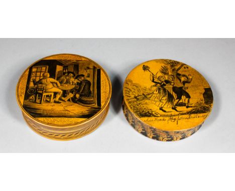 A Victorian Treen ware and penwork circular snuff box, the lid depicting Tam O'Shanter and Souter Johnnie, 4.125ins diameter 