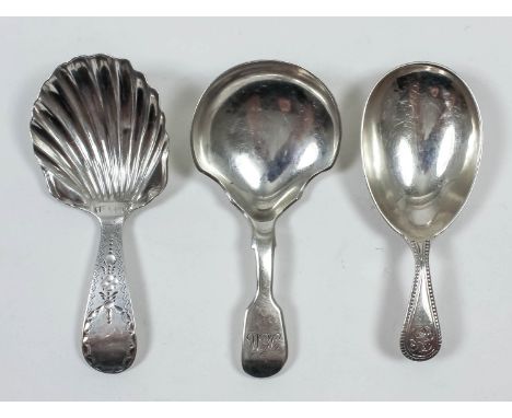 A George III silver caddy spoon with shell pattern bowl and bright cut handle, possibly by John Priestman, London 1792, a Vic