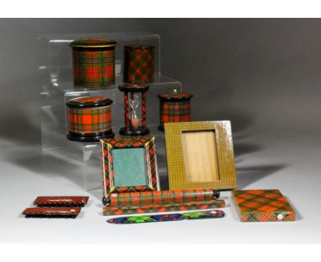 A Victorian Mauchline ware "Prince Charlie" Tartan ware picture frame with cushion border, 3.5ins x 4ins overall, and eleven 