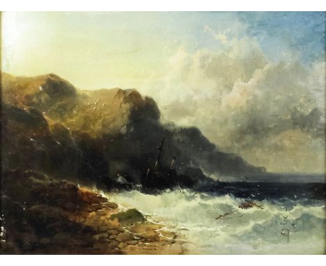 George W. Horlor (1823-1895) - Oil painting - Seascape with men struggling to drag a fishing boat to shore, panel 9.25ins x 1