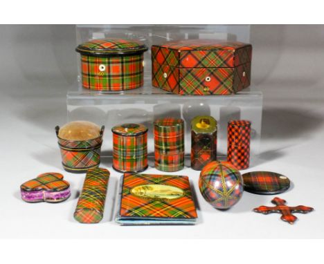 A Victorian Mauchline ware " Stuart" Tartan ware boarded needle case with vignette of "Loch Lomond", 3.75ins x 2.625ins, and 