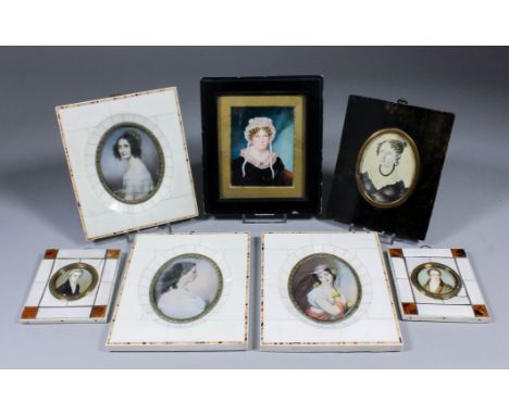 Three 20th Century French oval shoulder-length miniatures depicting young woman, ovals 3.5ins x 2.75ins, in "Piano Key" cover