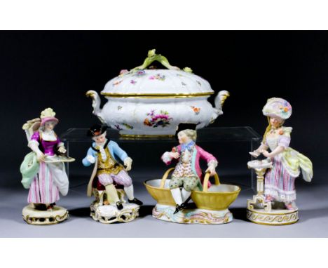 Three late 19th Century Meissen porcelain figures comprising - a standing lady at a table playing a game of patience, 6.5ins 