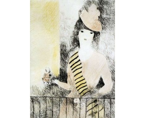 *** Marie Laurencin (1883-1956) - Coloured lithograph - "Portrait of the Artist" - Young lady wearing sash and feather trimme