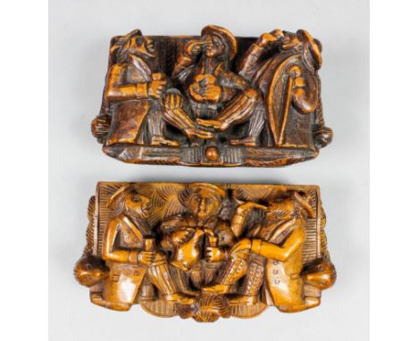 A Victorian Treen rectangular "Blind Man" table snuff box carved in high relief and depicting Tam O'Shanter and Souter Johnni